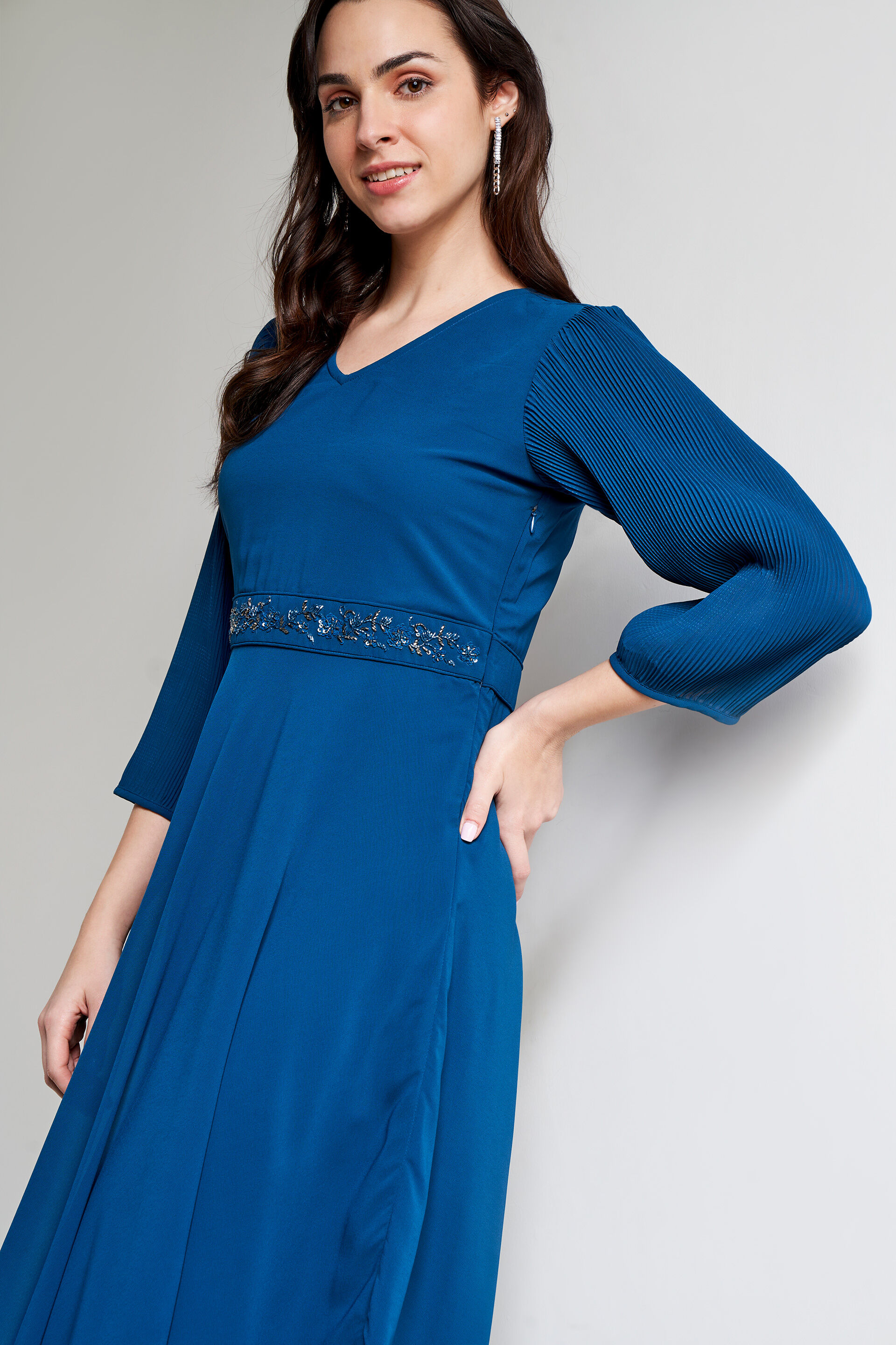 Teal Solid Flared Gown, Teal, image 2